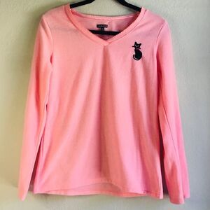 Peachy pink cozy soft leisure PJ sweater with black cat wearing a red bow tie